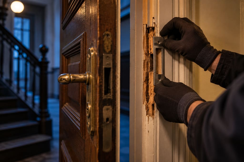 KI-generiertes Symbolbild: Aufgehebelte Wohnungstür mit gesplittertem Holz am Schließblech, daneben Hände eines Monteurs bei der Reparatur