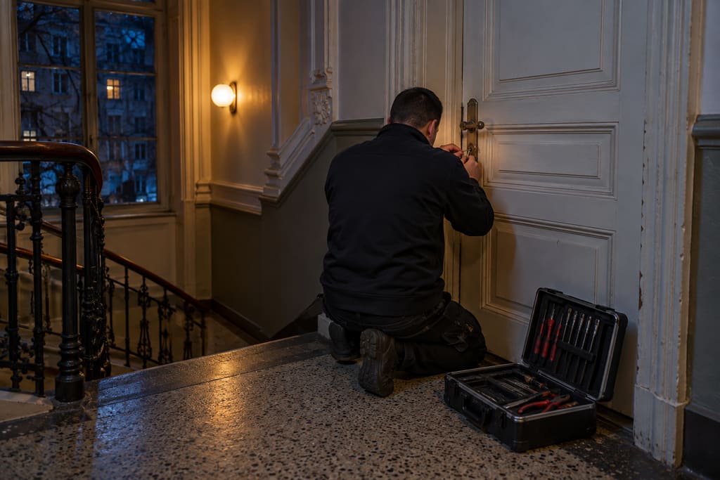 KI-generiertes Symbolbild: Monteur kniet nachts im Treppenhaus eines Berliner Altbaus vor einer Wohnungstür, daneben ein offener Werkzeugkoffer