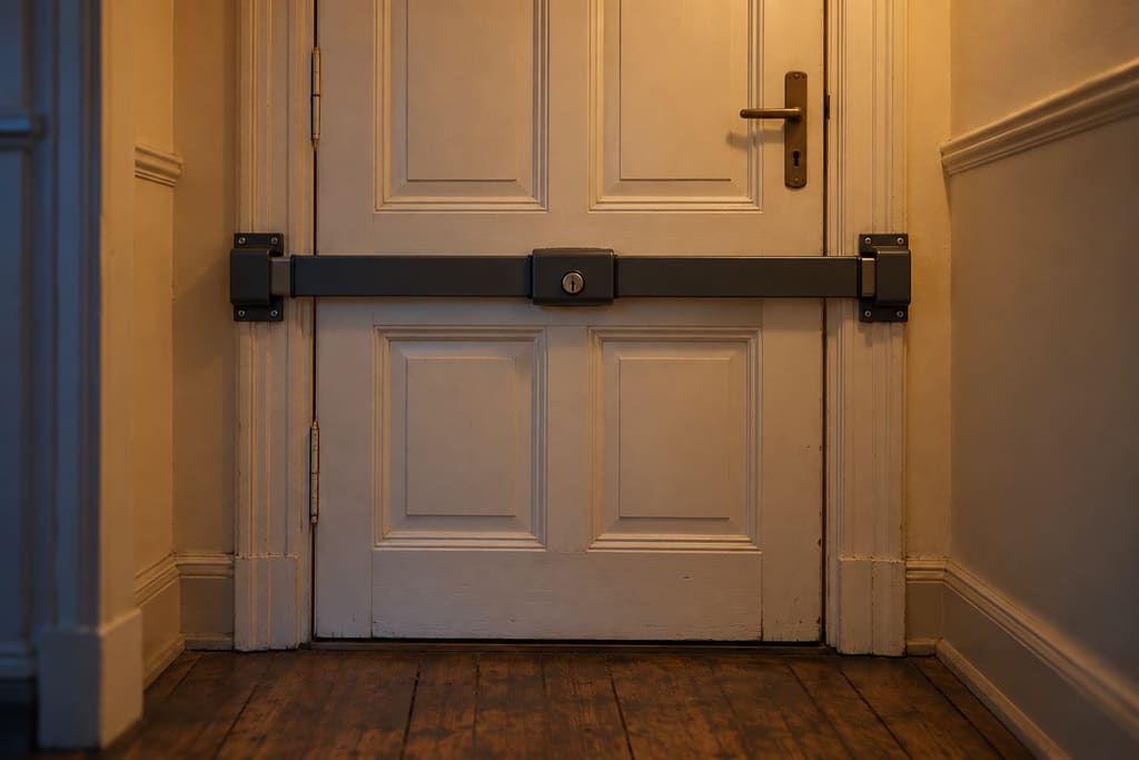 KI-generiertes Symbolbild: Panzerriegel als waagerechte Stahlstange über die ganze Breite einer weißen Wohnungstür, von innen gesehen
