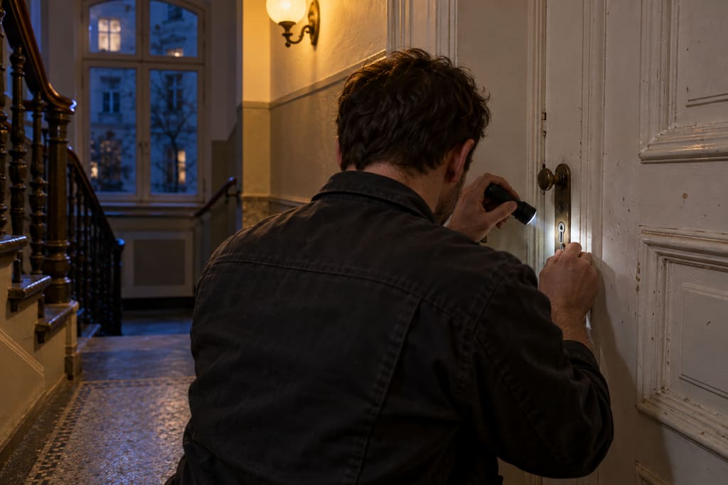 KI-generiertes Symbolbild: Monteur prüft im Treppenhaus eines Berliner Altbaus mit einer Taschenlampe das Schloss einer Wohnungstür