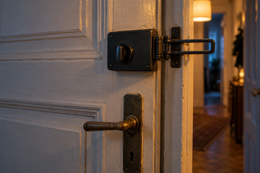 KI-generiertes Symbolbild: Zusatzschloss mit Sperrbügel an der Innenseite einer weißen Altbau-Wohnungstür am Abend