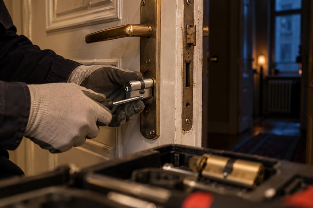KI-generiertes Symbolbild: Hände in Arbeitshandschuhen setzen mit einem Schraubendreher einen neuen Profilzylinder in ein Türschloss ein